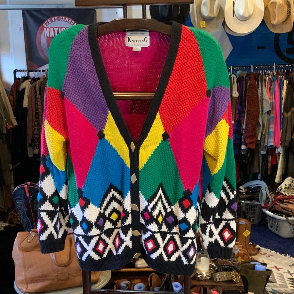 Vintage Colorful Geometric Hand-Knit Cardigan